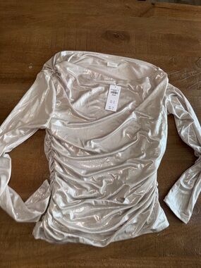 Abercrombie & Fitch Metallic Ruched Long-Sleeve Top - Champagne Beige
